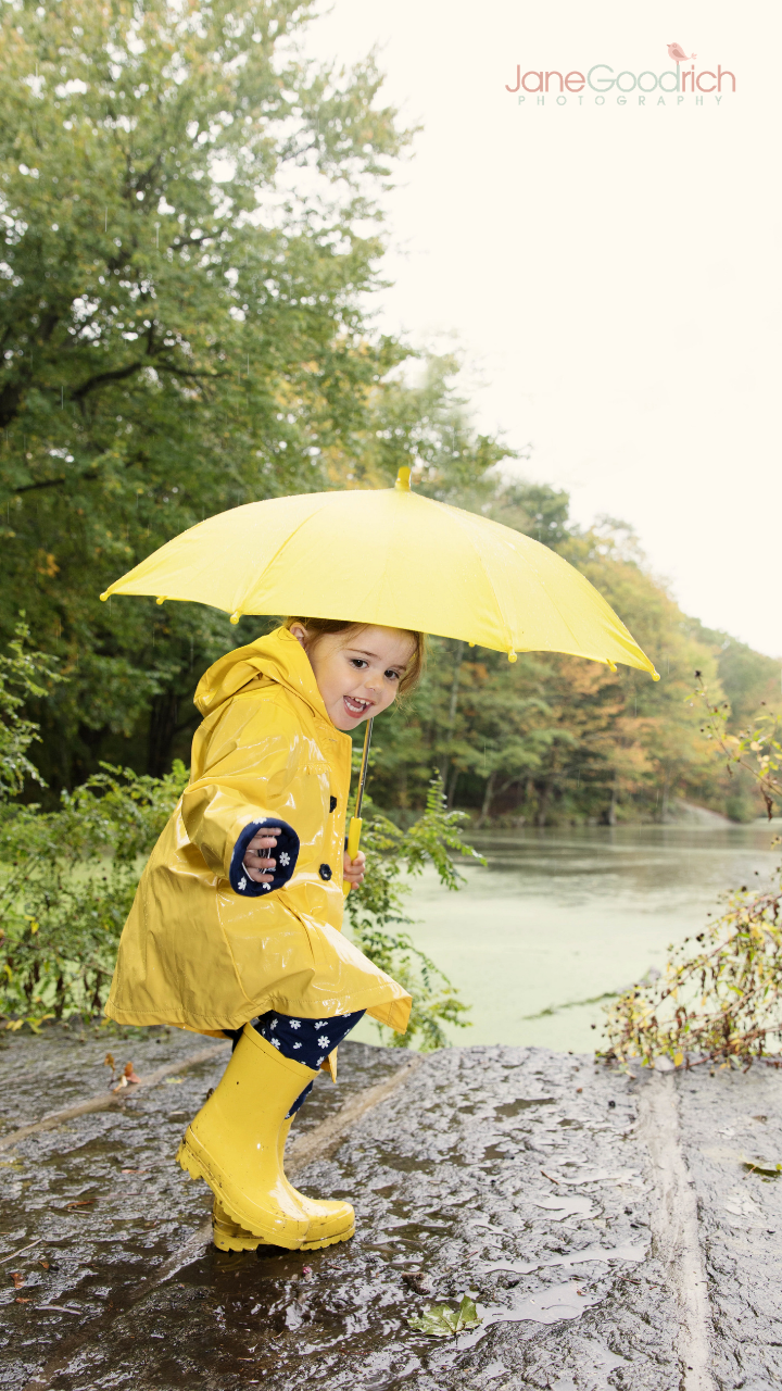 little girl in yellow raincoat with umbrella how to photograph your kids digital course with Jane Goodrich