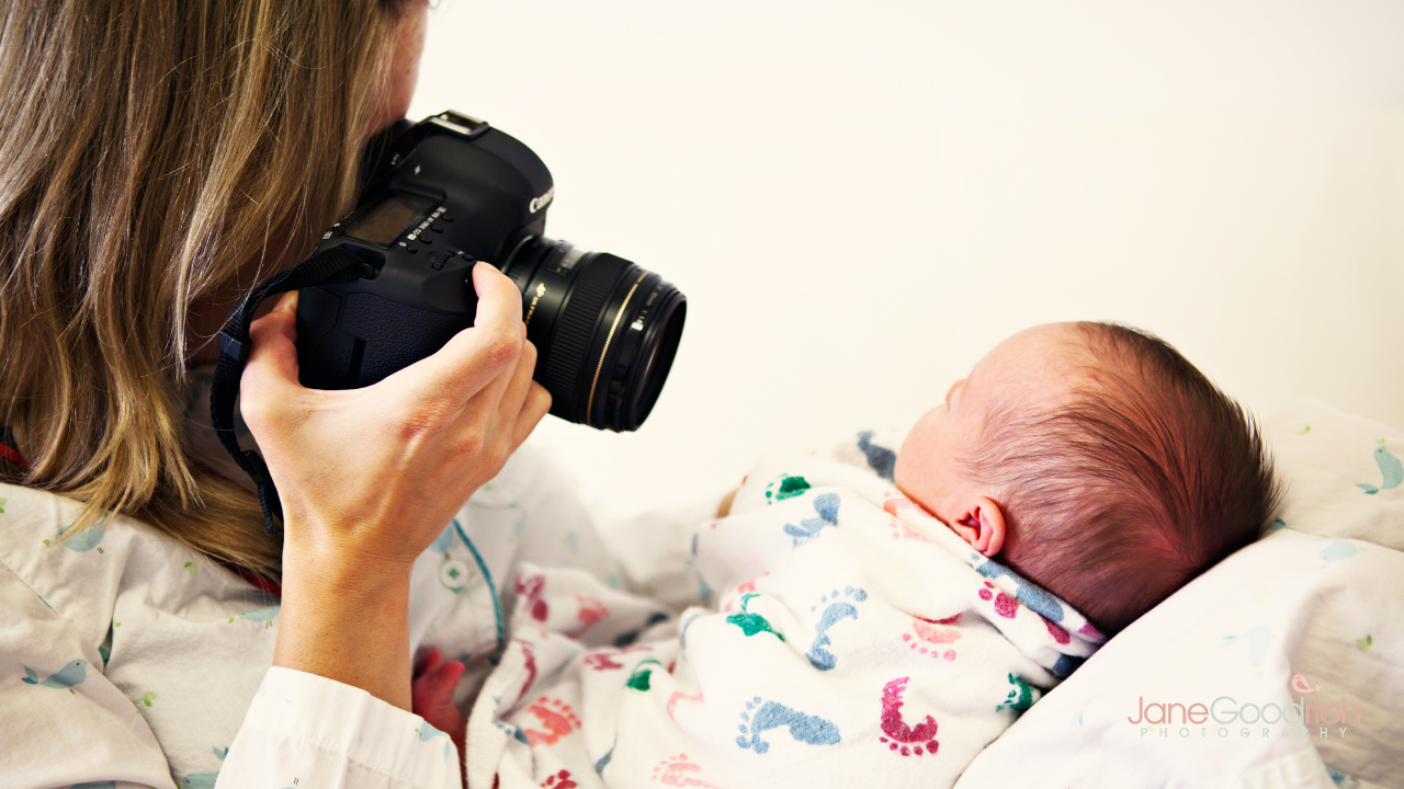 woman photographing newborn baby how to photograph your kids digital course with Jane Goodrich