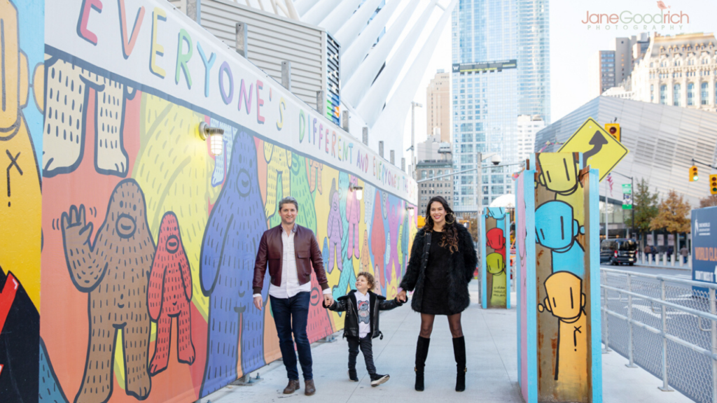 Urban family photography session manhattan with colorful mural jane goodrich newborn baby and family photographer